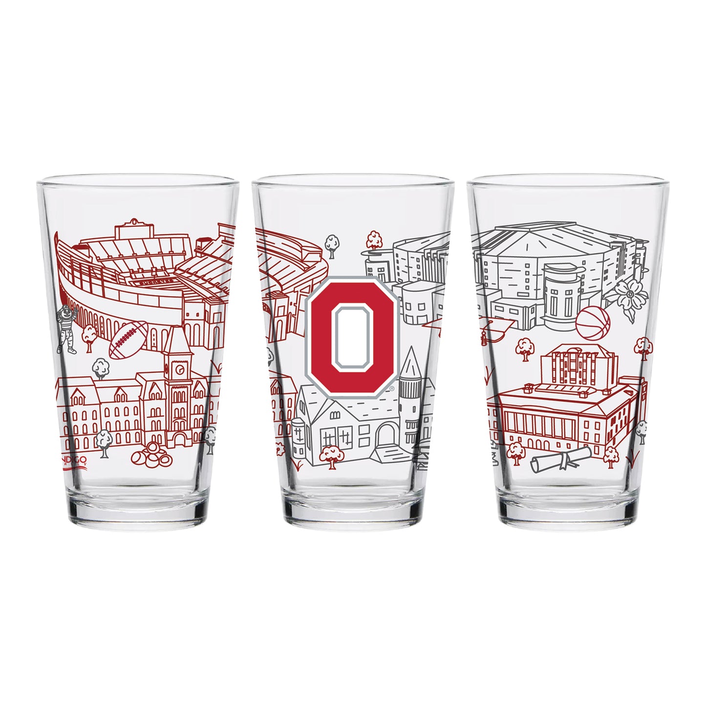 Ohio State Buckeyes Indigo Falls Campus Buildings Pint Glass - Front View