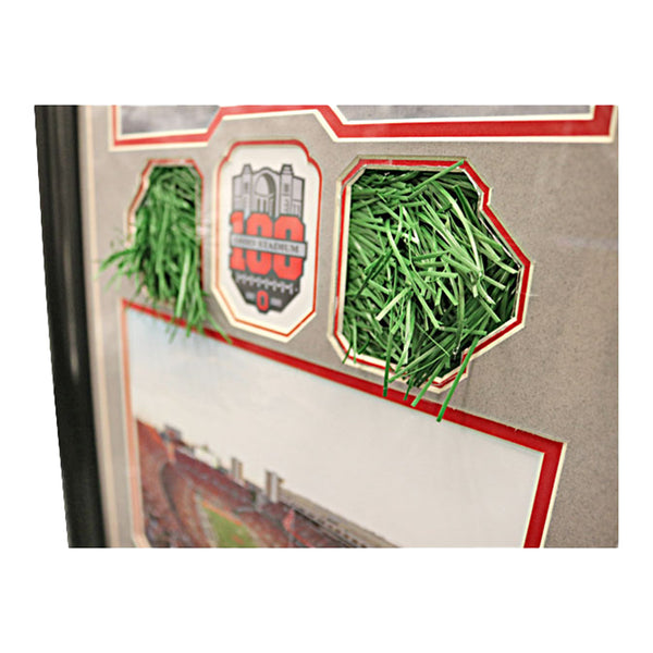 Ohio State Buckeyes Then and Now 100 Years of Ohio Stadium Framed Collage with a Piece of Authentic Ohio Stadium Turf - Close Up Turf View