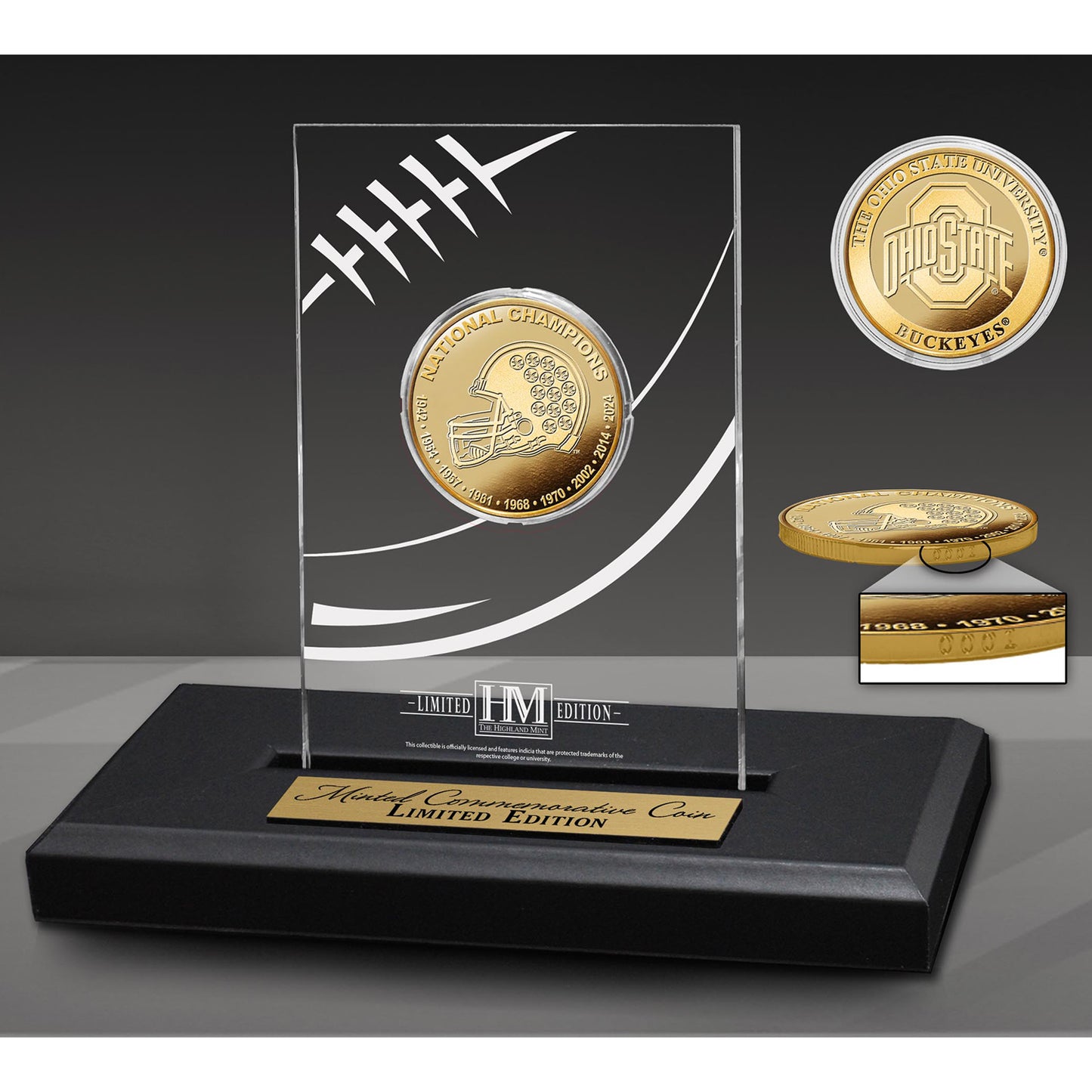 Ohio State Buckeyes 9 Time National Champions Gold Coin in Acrylic Display - Front View
