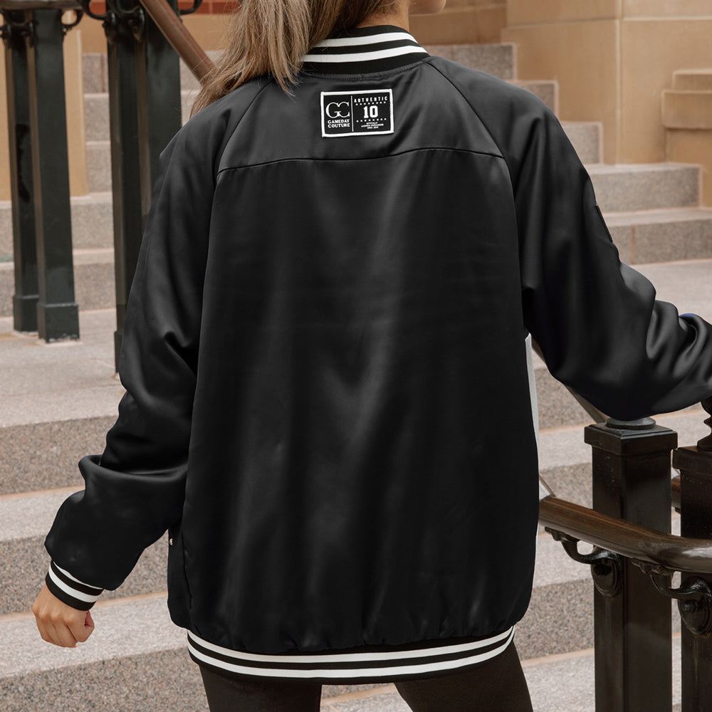 Ladies Ohio State Buckeyes Mixed Media Rhinestone Bomber Jacket On Model In Black - Back View