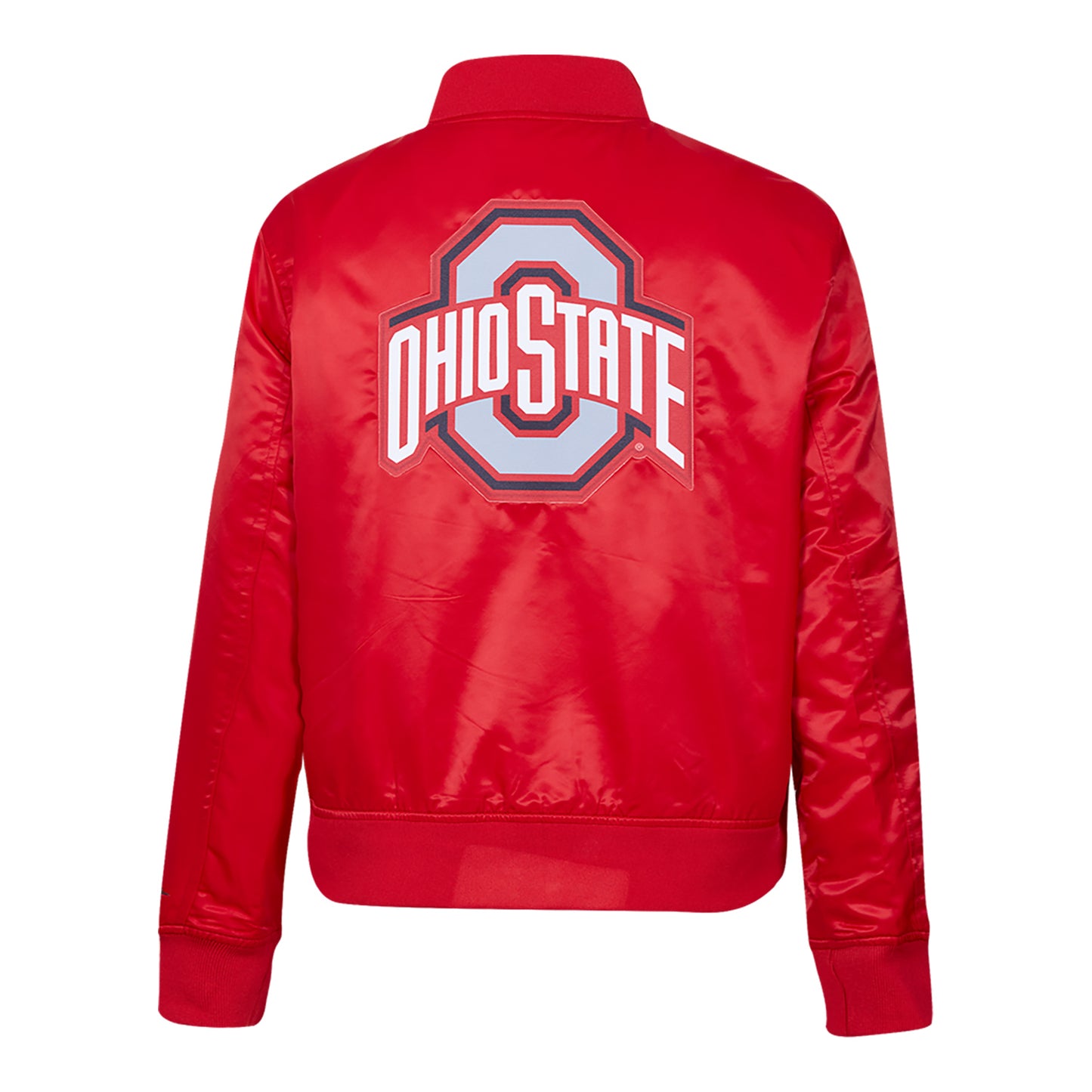 Ladies Ohio State Buckeyes Classic Satin Athletic Logo Scarlet Jacket In Red - Back View