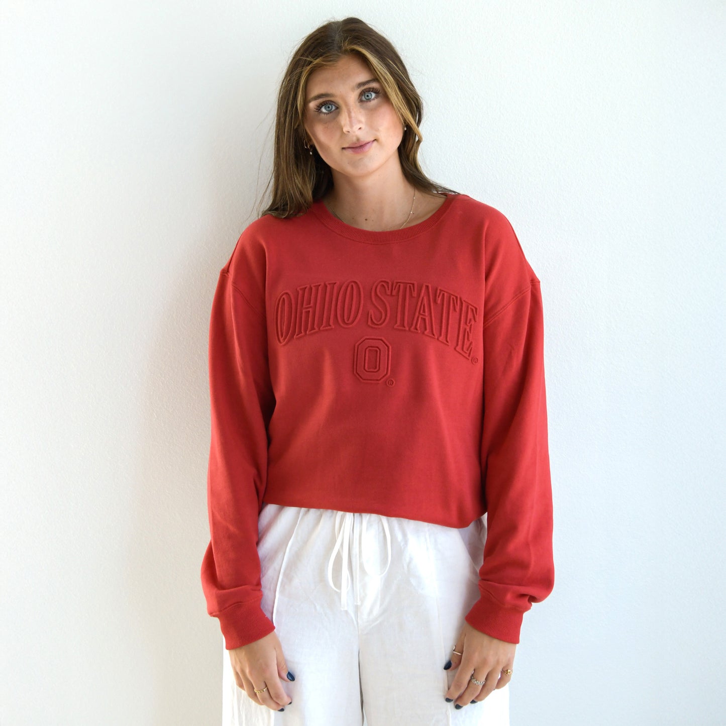 Ladies Ohio State Buckeyes Embossed Crewneck Sweatshirt - Front View