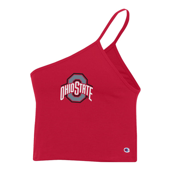 Ladies Ohio State Buckeyes Scarlet Cropped Asymmetrical Cami - In Scarlet - Front View