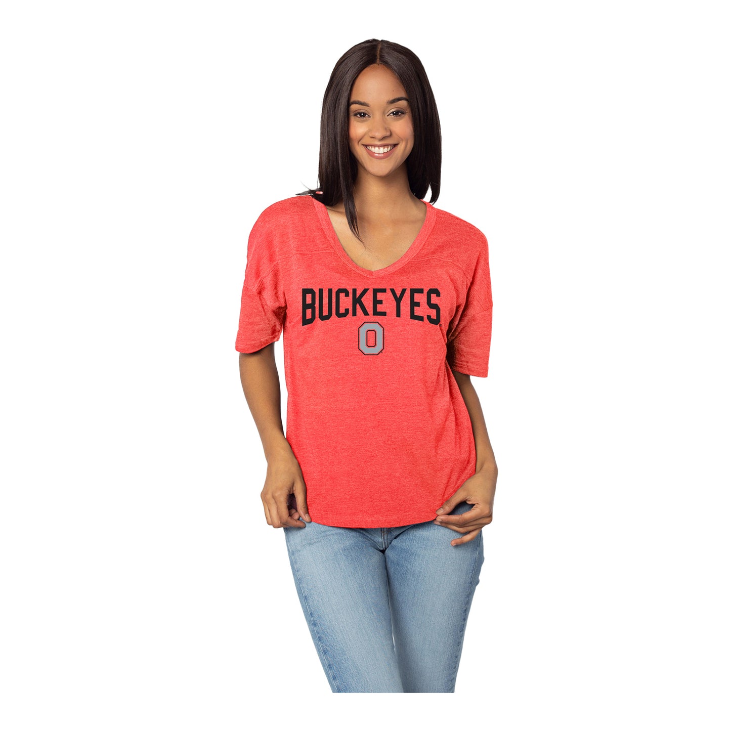 Ladies Ohio State Buckeyes V-Happy Melange Jersey Scarlett T-Shirt - In Scarlet - Front View