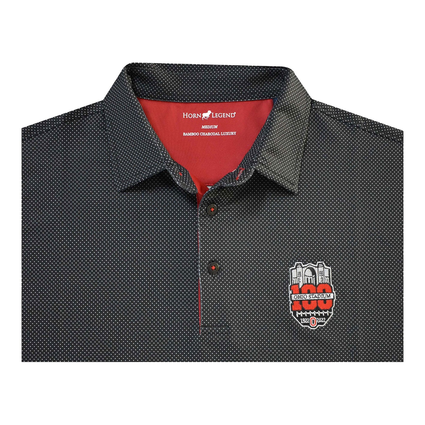 Ohio State Buckeyes 100th Year Bamboo Charcoal Checkers Black Polo - In Charcoal - Close Up Collar View