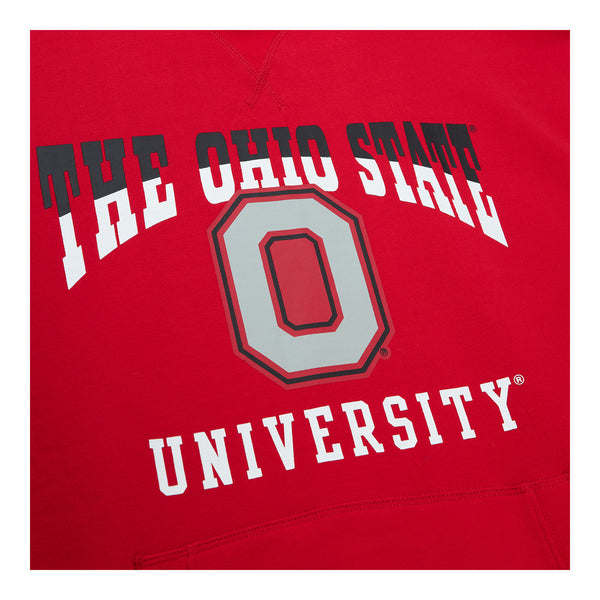 Ohio State Buckeyes Pre Game Fleece Short Sleeve Scarlet Hood - In Scarlet - Front Detail View