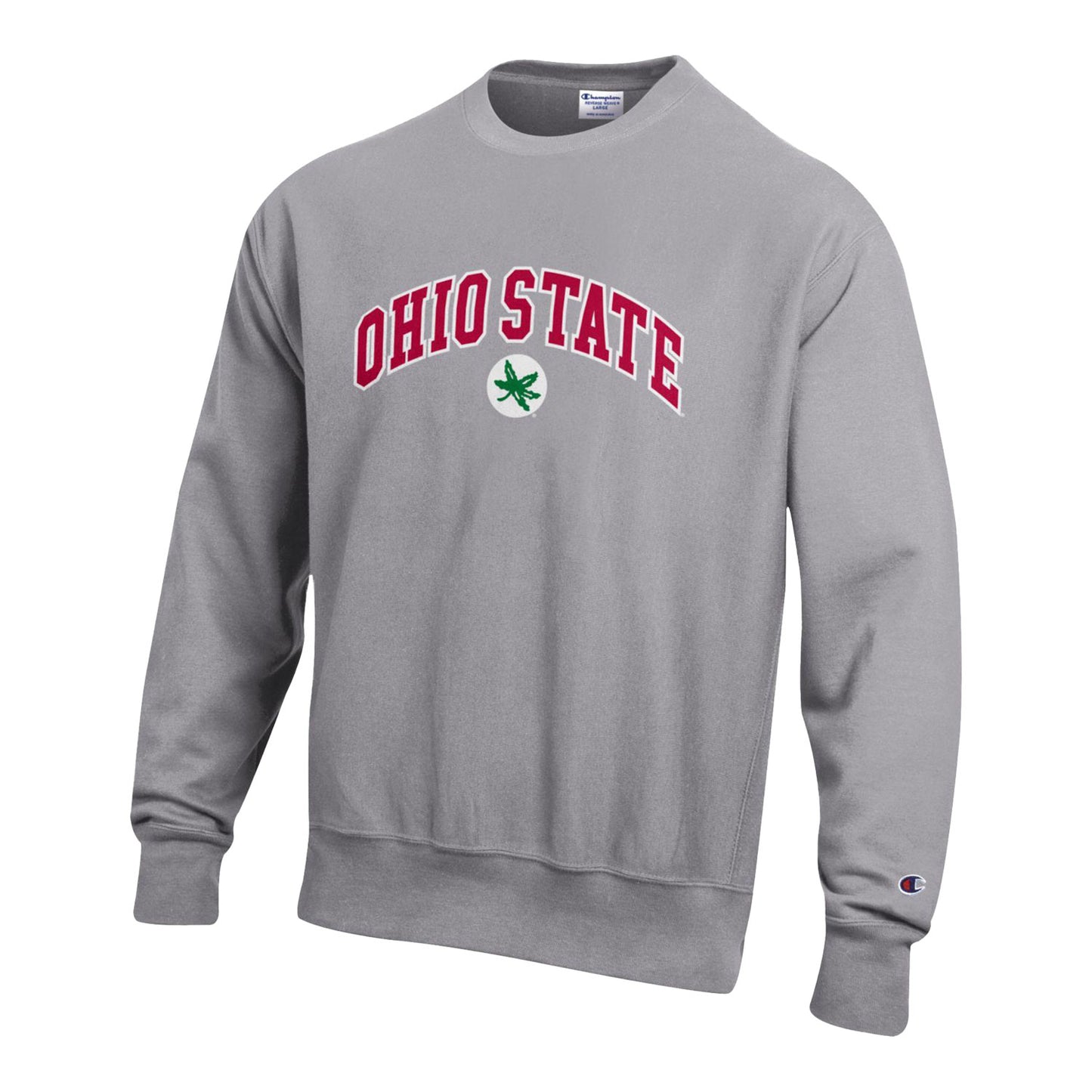 Ohio State Buckeyes Twill Arch Wordmark Reverse Weave Gray Crew - In Gray - Front View