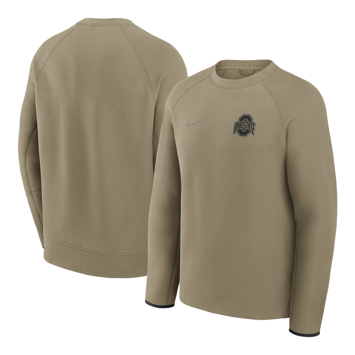 Ohio State Buckeyes Nike Tech Fleece Tan Crewneck Sweatshirt - Front & Back View
