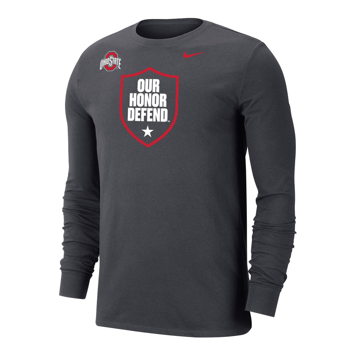 Ohio State Buckeyes Nike Our Honor Defend Shield Long Sleeve Gray T-Shirt - In Gray - Front View
