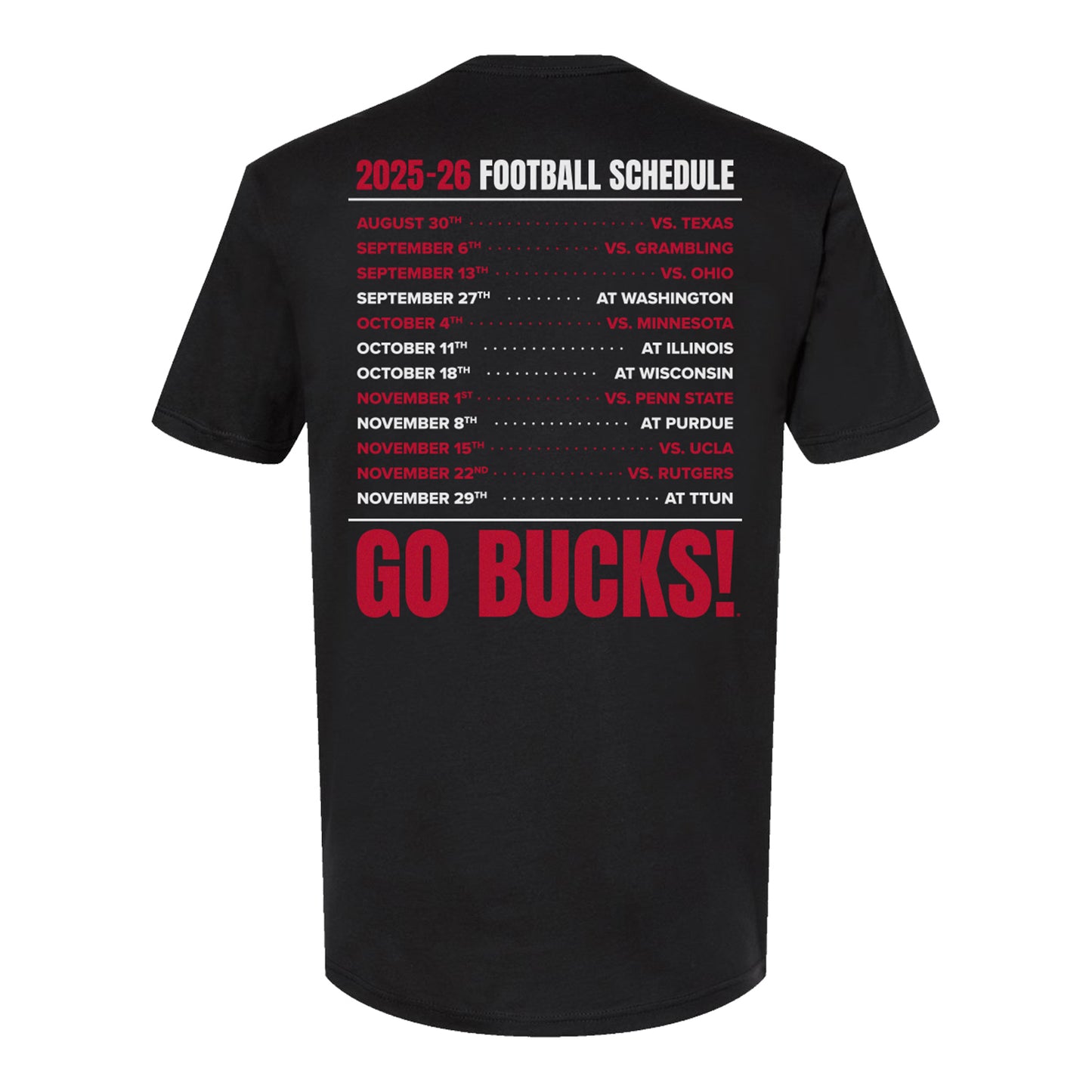 Ohio State Buckeyes 2025 Football Schedule T-Shirt In Black - Back View