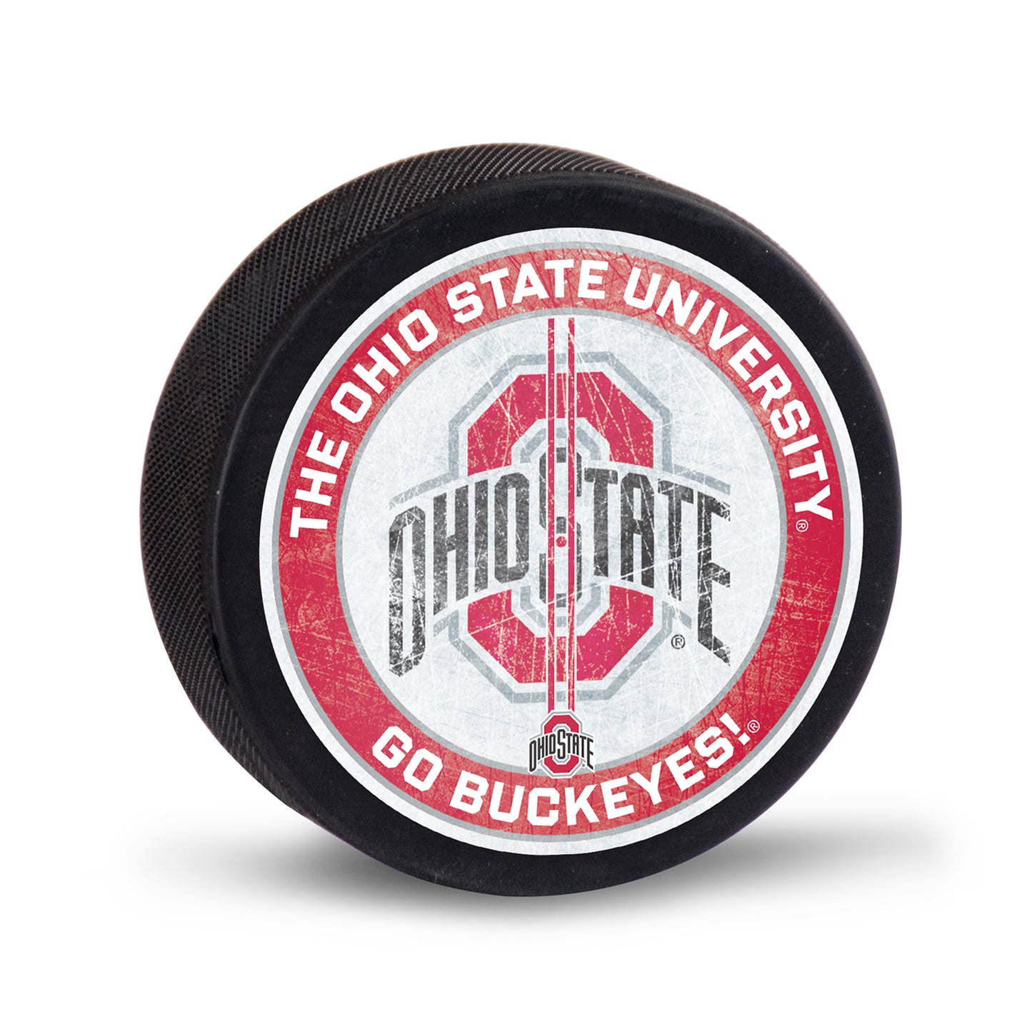 Ohio State Buckeyes Center Ice Hockey Puck In Scarlet & Grey - Front View