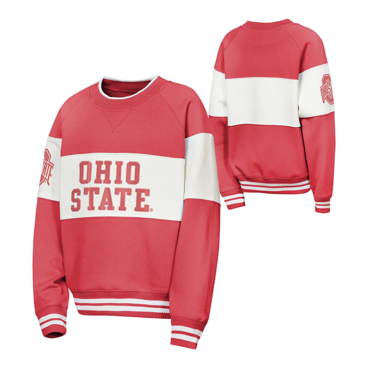 Youth Ohio State Buckeyes Colorblock Ribbed Crewneck - Front and Back View