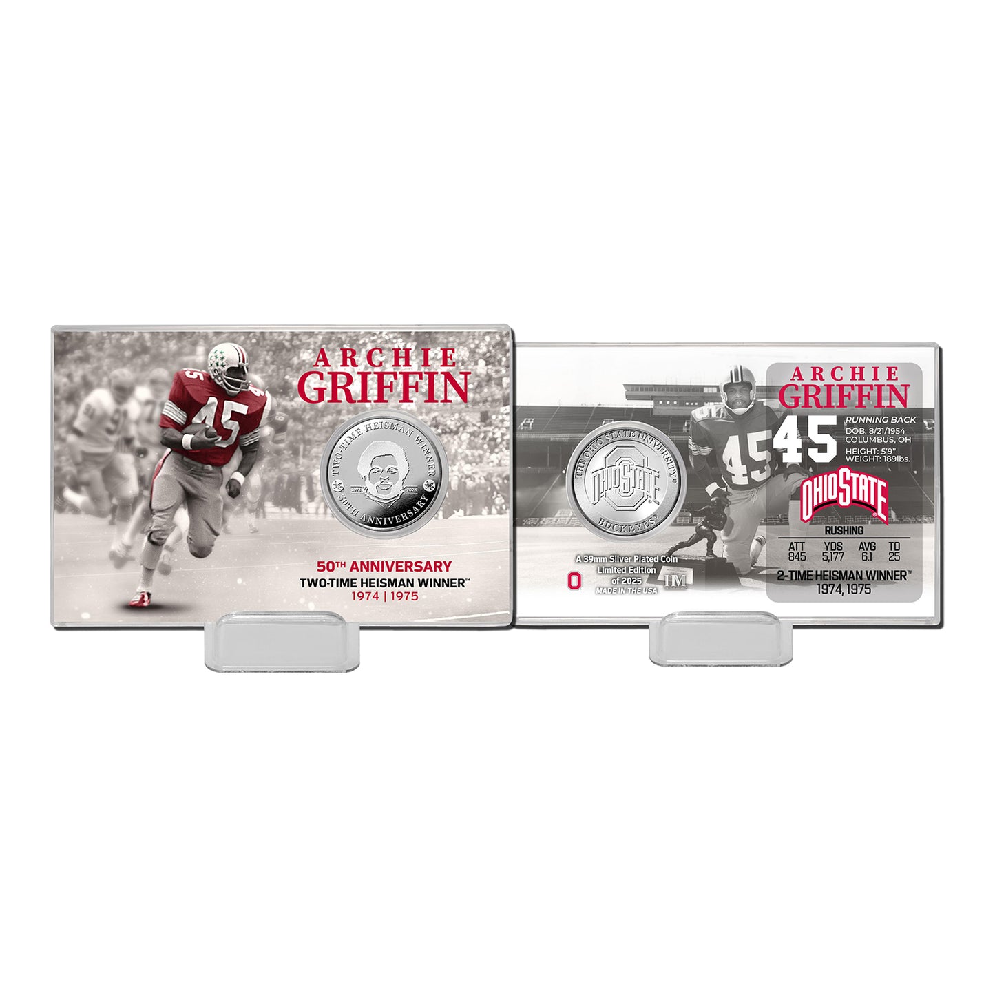 Ohio State Buckeyes Archie Griffin 50th Anniversary Silver Plate Coin Card - Main View