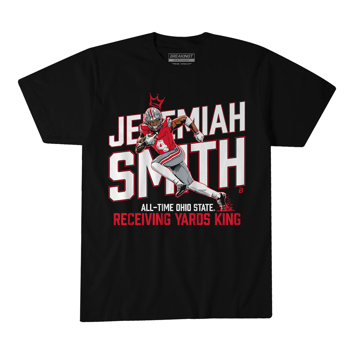 Ohio State Buckeyes Football #4 Jeremiah Smith All-Time Receiving Yards King Breaking T Shirt - Front View
