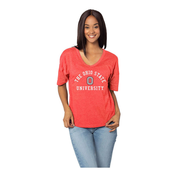 Ladies Ohio State Arch V-Neck T-Shirt - In Scarlet - Front View