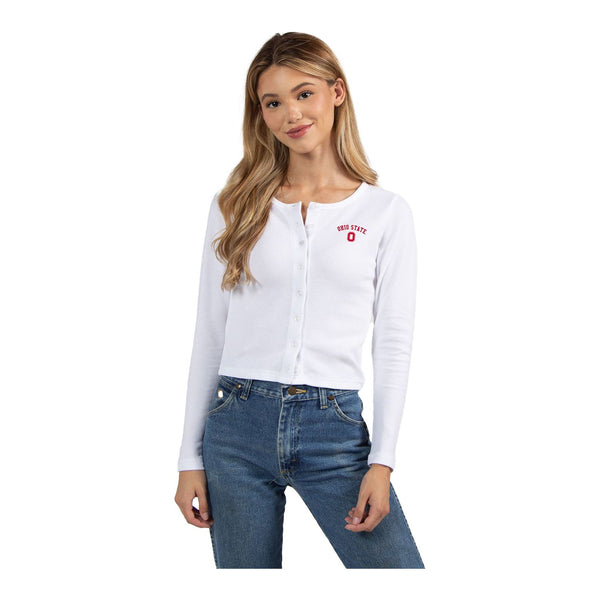Ladies Ohio State Buckeyes Arch Over Button Down Cardigan - In White - Front View