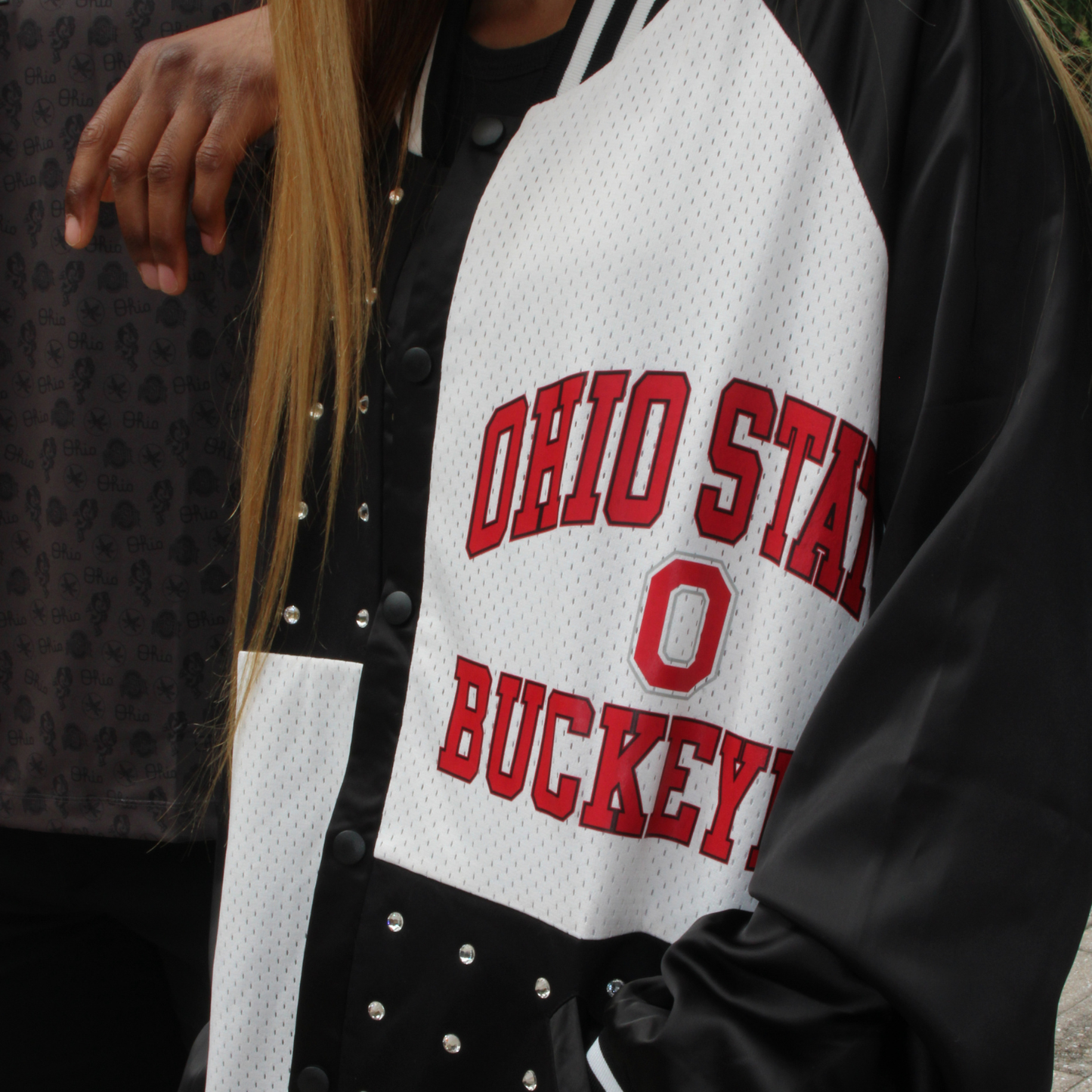 Ladies Ohio State Buckeyes Mixed Media Rhinestone Bomber Jacket