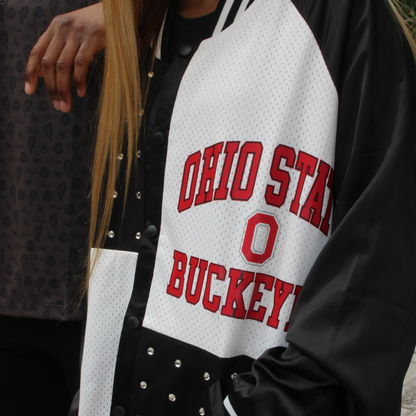 Ladies Ohio State Buckeyes Mixed Media Rhinestone Bomber Jacket