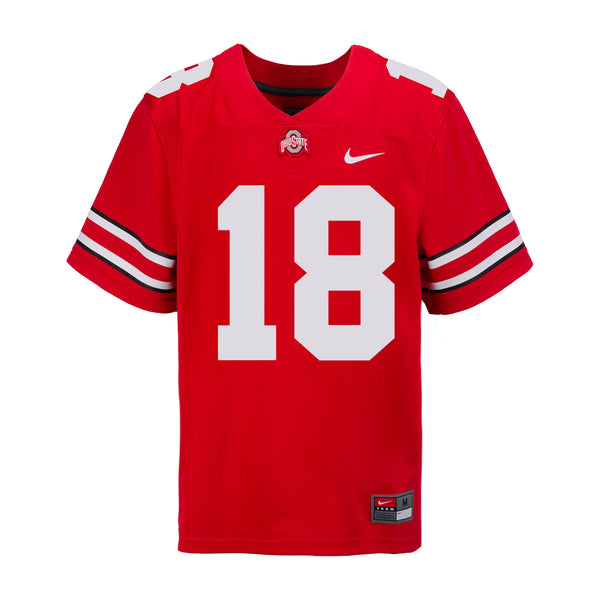 Youth Ohio State Buckeyes #18 Marvin Harrison Jr. Student Athlete Football Jersey - In Scarlet - Front View