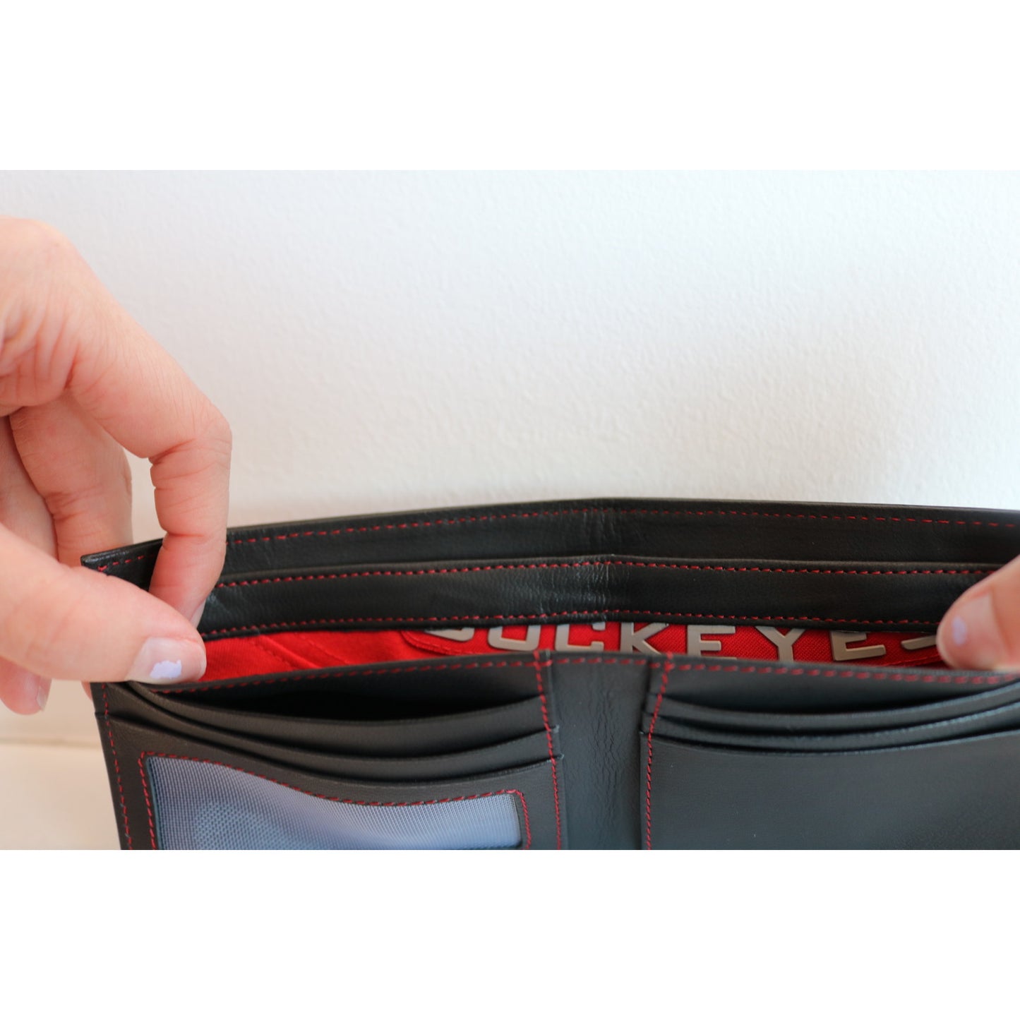 Ohio State Buckeyes Game Used Jersey Wallet In Black - Stitch View - Close Up