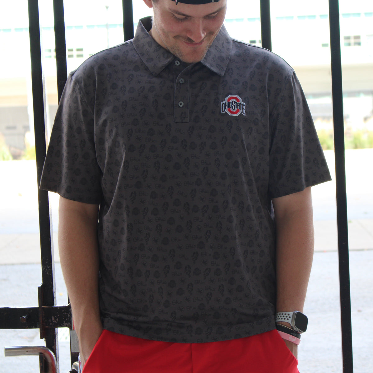 Ohio State Buckeyes All Over Print Golf Polo - modeled