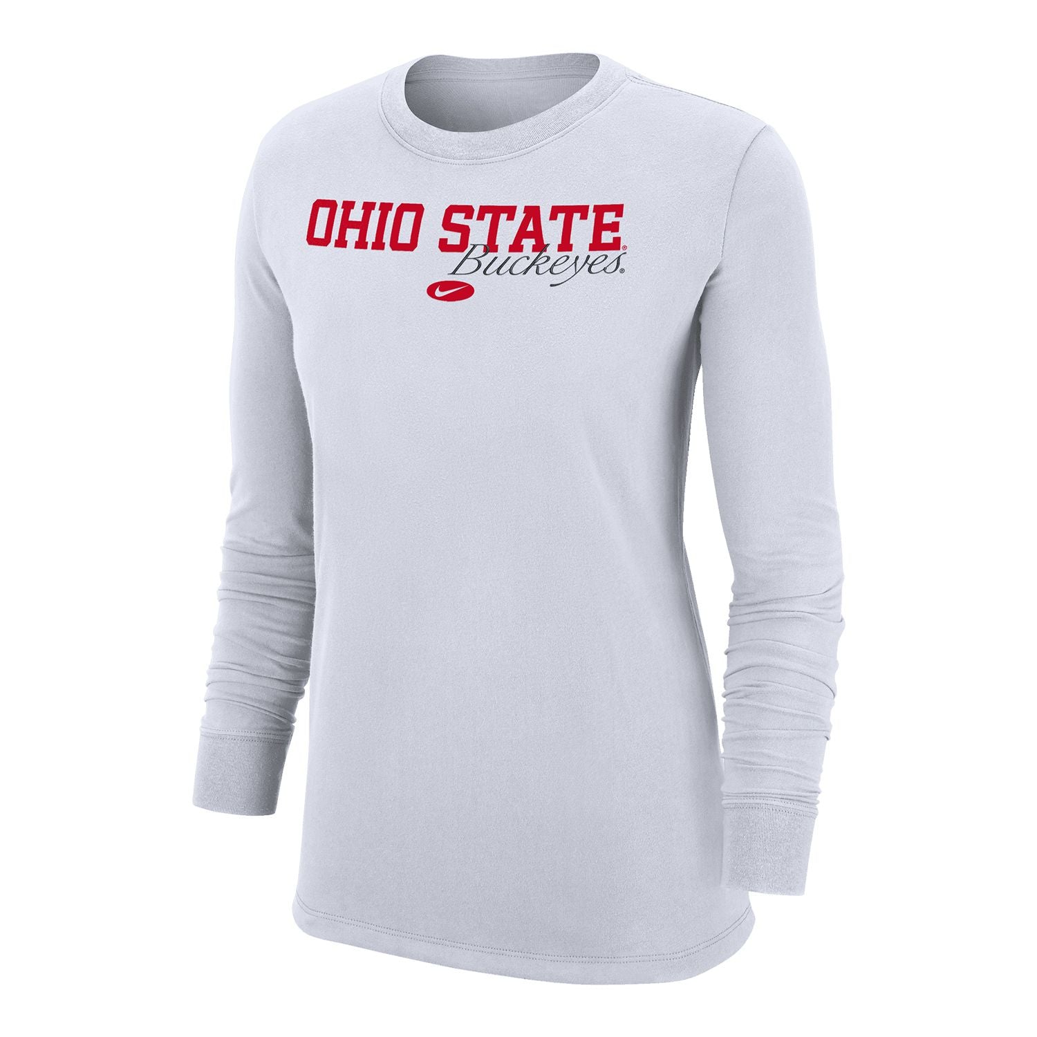 Ladies Ohio State Buckeyes Nike Script Buckeyes White Long Sleeve - In White - Front View