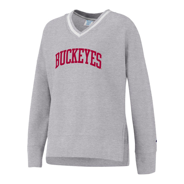 Ladies Ohio State Buckeyes Reverse Wash Crewneck Gray Sweatshirt - In Gray - Front View