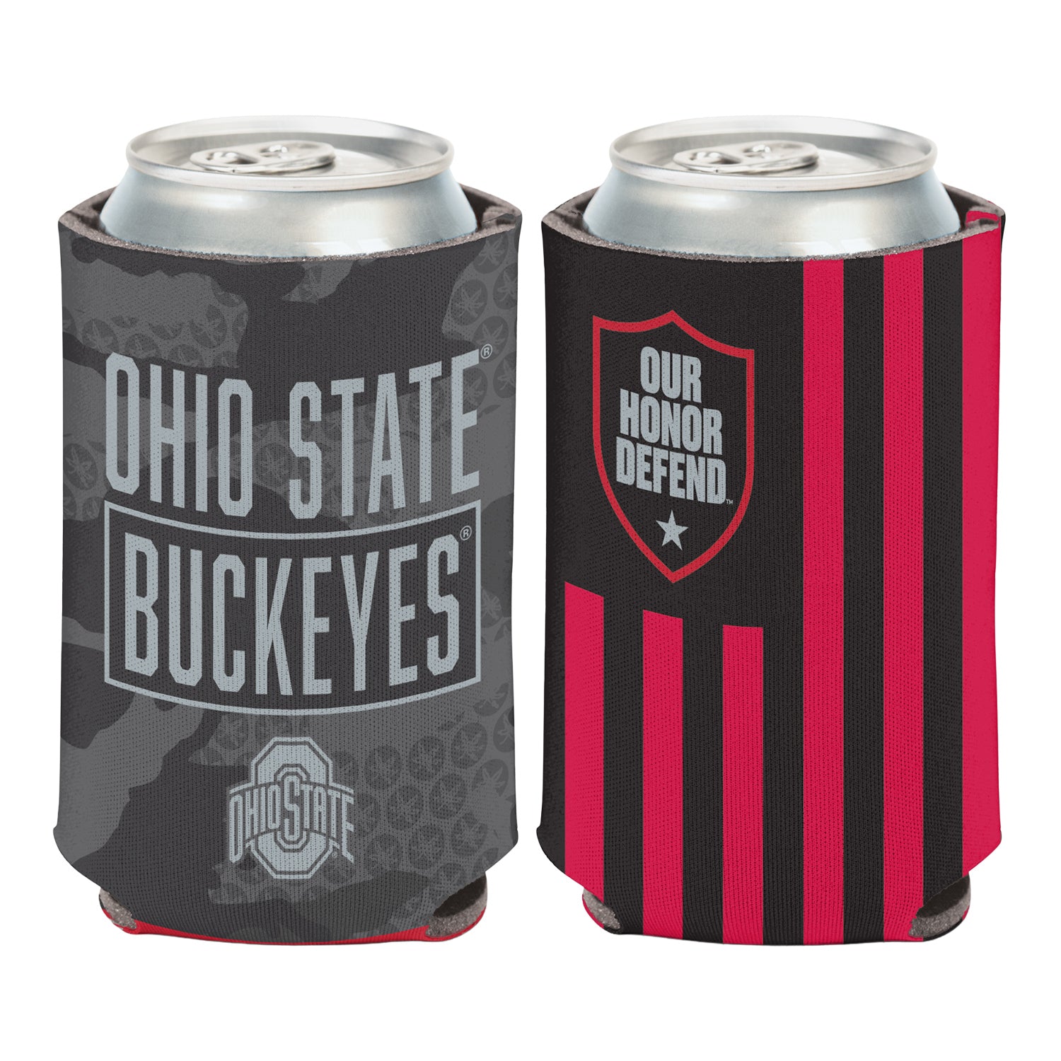 Ohio State Buckeyes Our Honor Defend 12 oz Coozie In Red & Black - Front & Back View