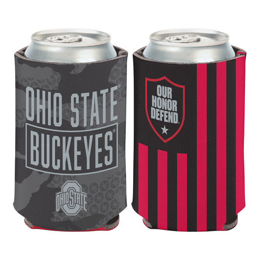 Ohio State Buckeyes Our Honor Defend 12 oz Coozie In Red & Black - Front & Back View
