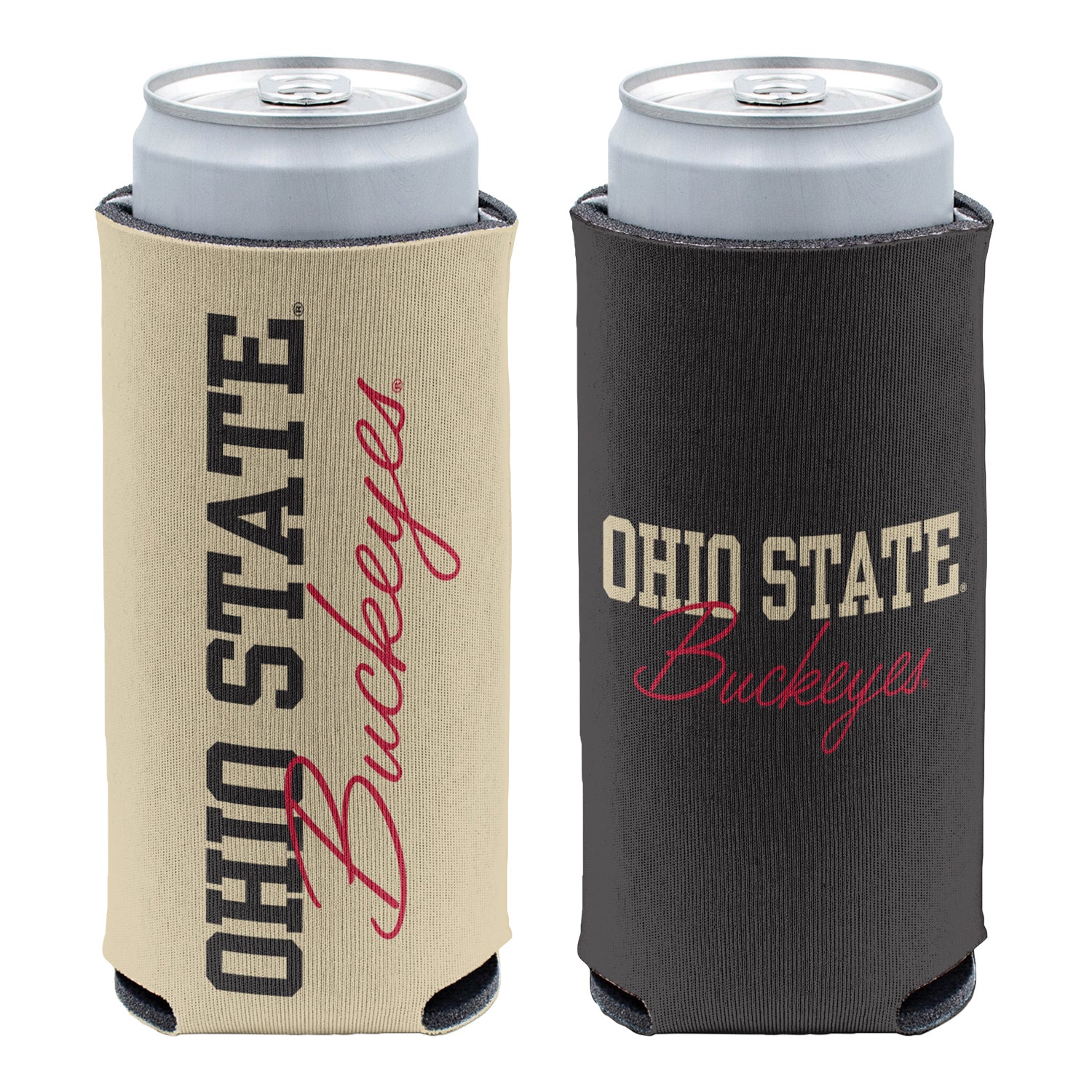 Ohio State Buckeyes Wincraft 12 oz Tonal Coozie In Tan & Black - Front & Back View