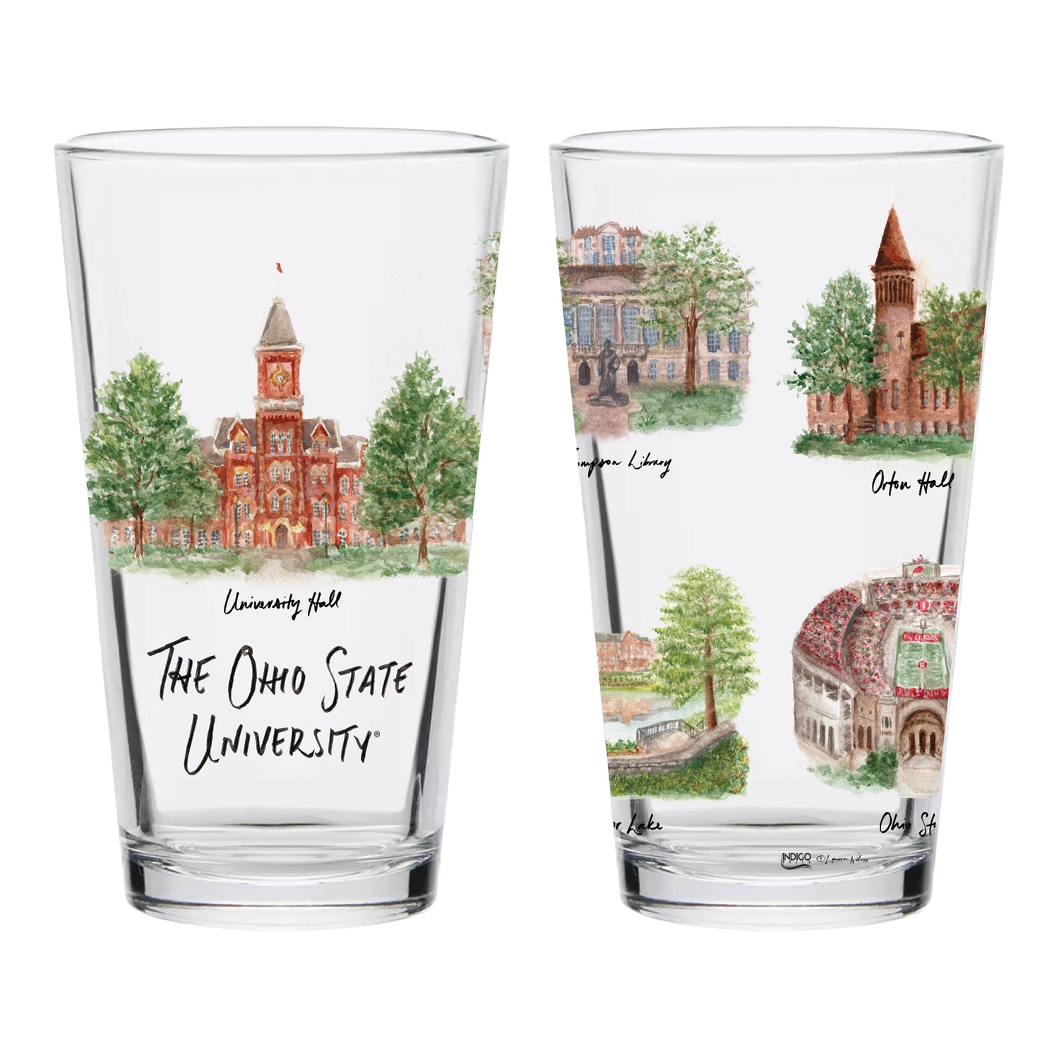 Ohio State Buckeyes Campus Art 16oz Pint Glass - Front and Back