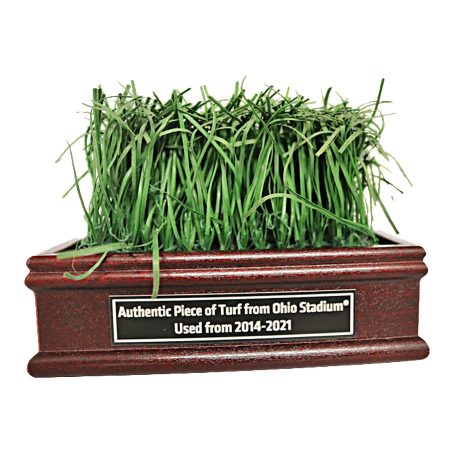 Ohio State Buckeyes Desktop Glass Display Case with a Piece of Authentic Ohio Stadium Turf - Front View with Glass Piece Removed