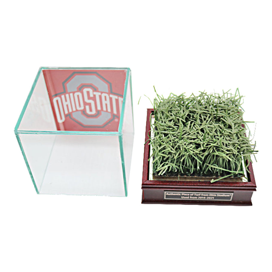 Ohio State Buckeyes Desktop Glass Display Case with a Piece of Authentic Ohio Stadium Turf - Top View - Display Glass and Turf Stand Side by Side