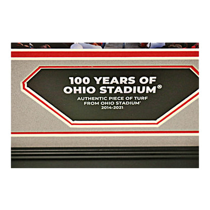 Ohio State Buckeyes Then and Now 100 Years of Ohio Stadium Framed Collage with a Piece of Authentic Ohio Stadium Turf - Plaque Detail View