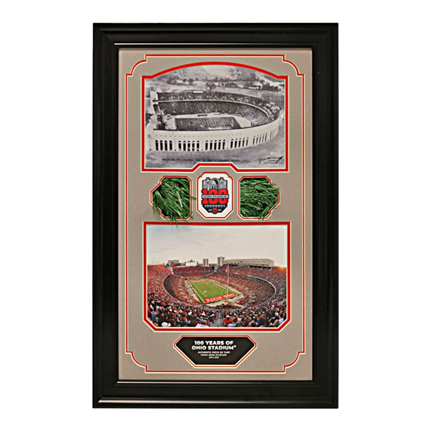 Ohio State Buckeyes Then and Now 100 Years of Ohio Stadium Framed Collage with a Piece of Authentic Ohio Stadium Turf - Front View