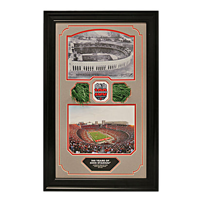 Ohio State Buckeyes Then and Now 100 Years of Ohio Stadium Framed Collage with a Piece of Authentic Ohio Stadium Turf - Front View