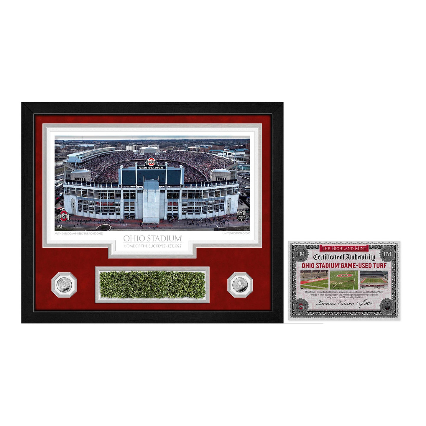 Ohio Stadium Game-Used Turf Silver Coin Deluxe Photo Mint - Front View