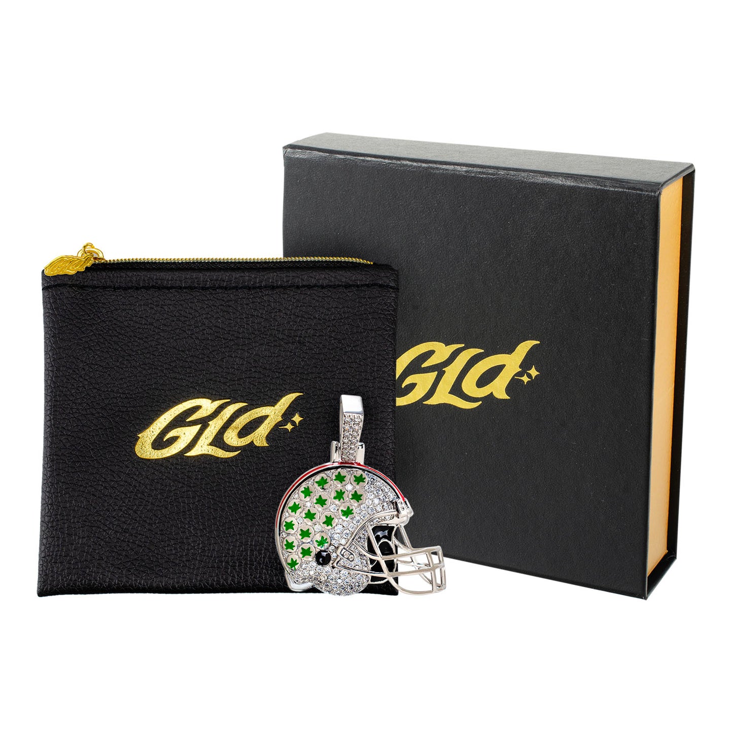Ohio State Buckeyes GLD Football Helmet Pendant In Silver - Front View w/ Packaging