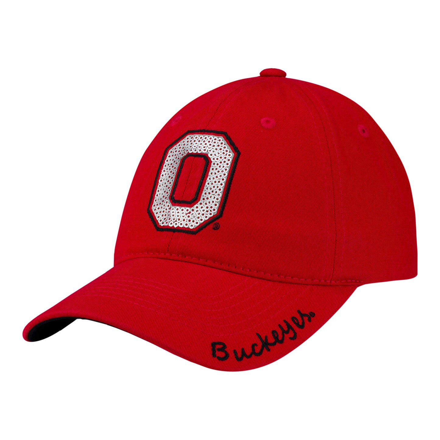 Ladies Ohio State Buckeyes Sequin Block O Adjustable Hat - In Scarlet - Angled Left View