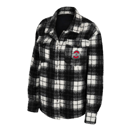 Ladies Ohio State Buckeyes Hug Me Plaid Black Shacket - In Black - Front View