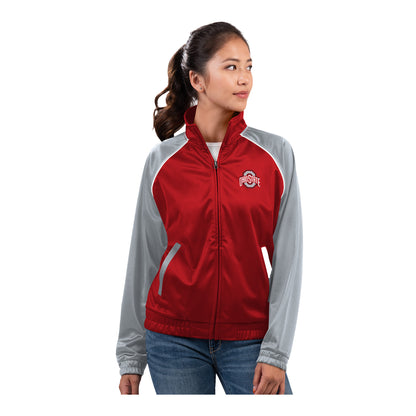 Ladies Ohio State Buckeyes Dolman Fashion Scarlet/Gray Full Zip Track Jacket - In Scarlet - Front View