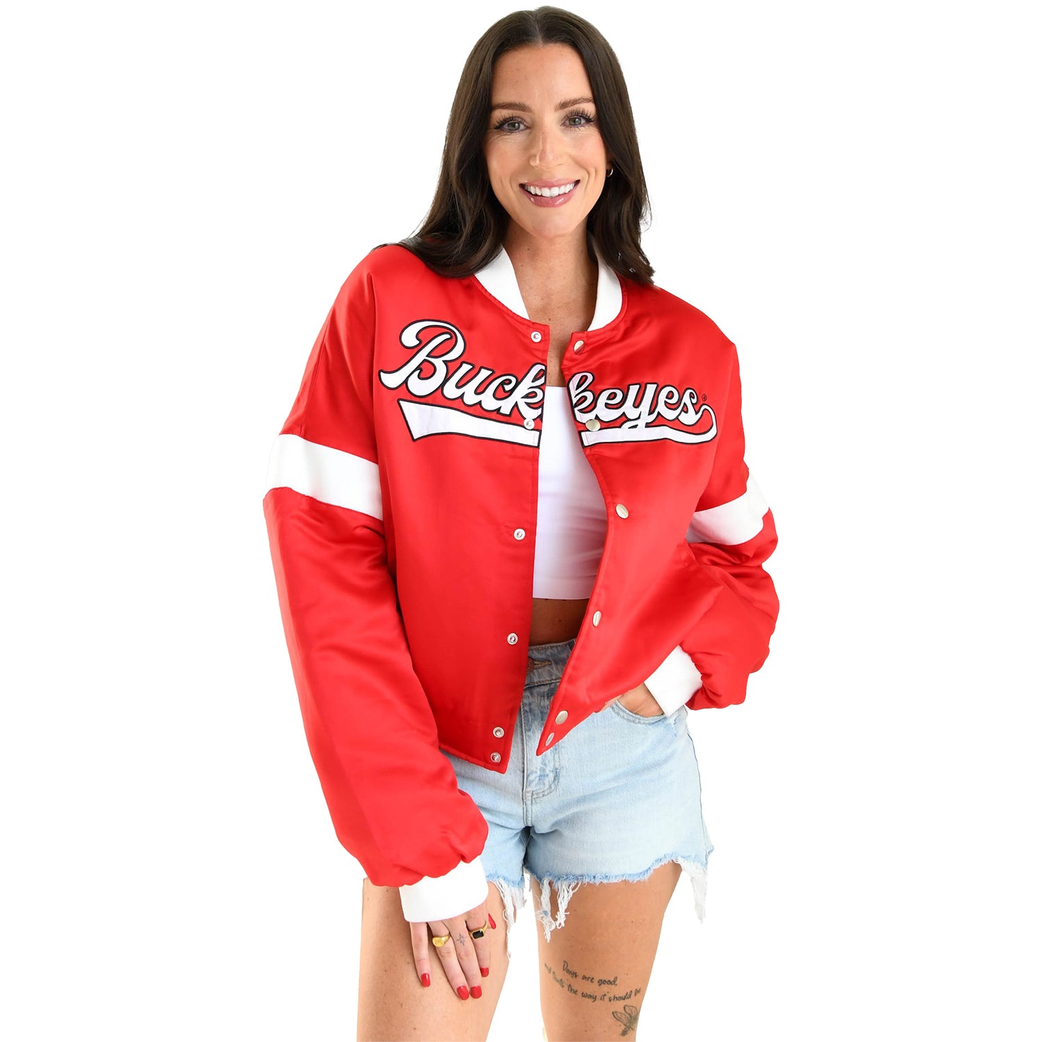 Ladies Ohio State Buckeyes Varsity Satin Scarlet Jacket - Front View