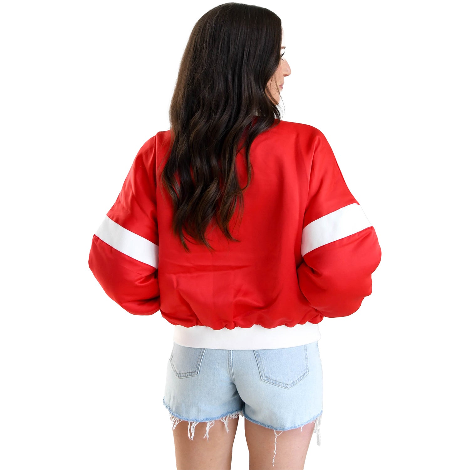 Ladies Ohio State Buckeyes Varsity Satin Scarlet Jacket - Back View