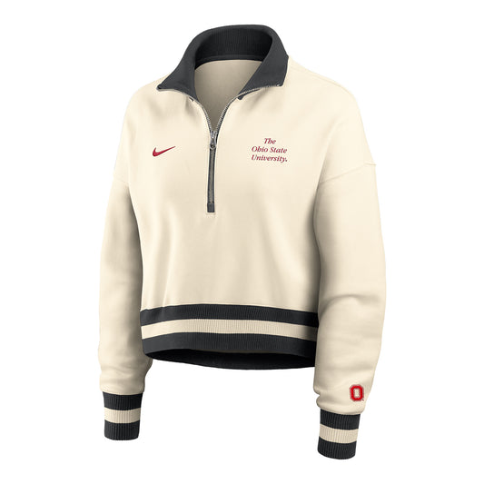 Ladies Ohio State Buckeyes Nike 1/4 Zip Legacy Wordmark Jacket In Cream - Front View