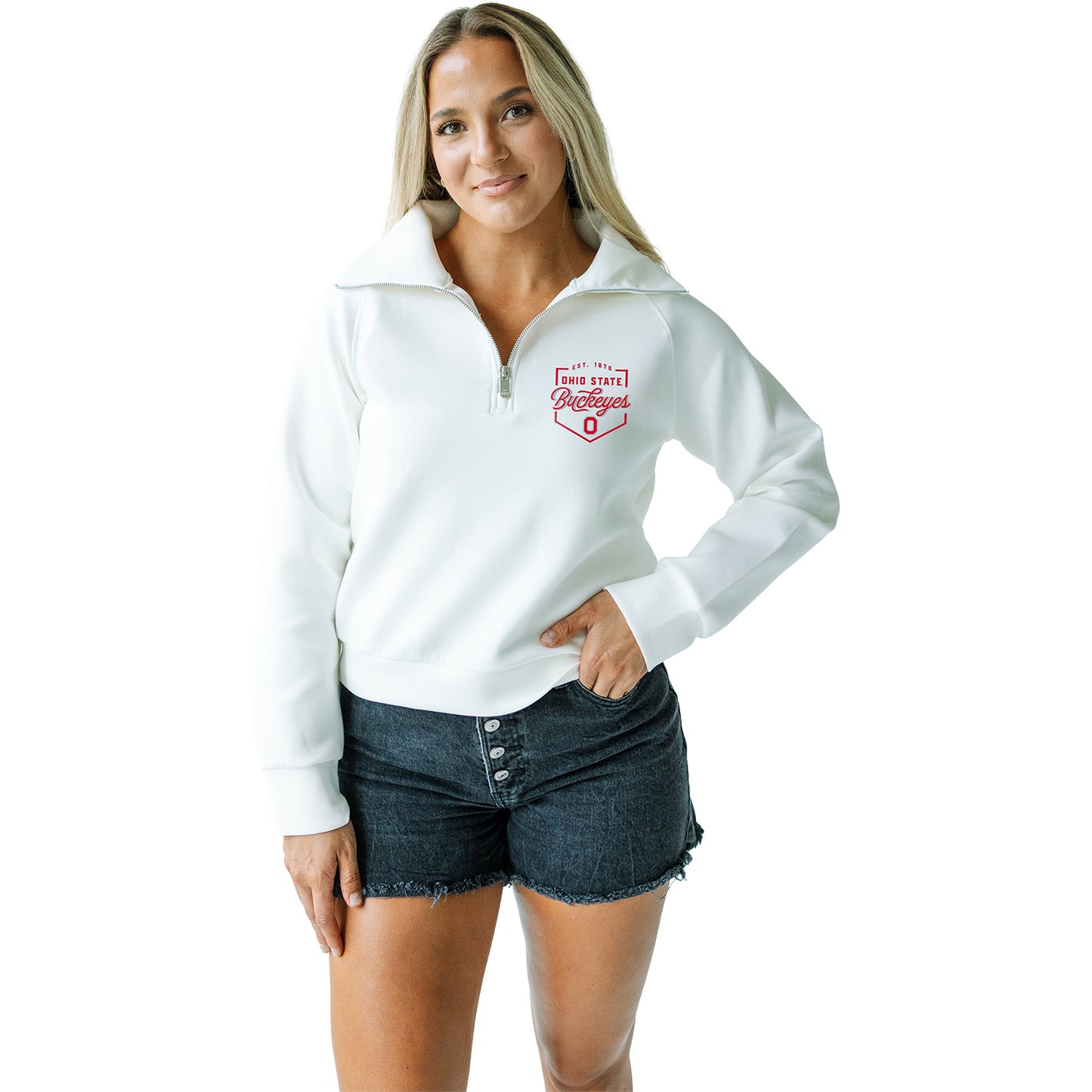 Ladies Ohio State Buckeyes Gameday Social Lux Full Back 1/4 Zip Jacket In White - Front View