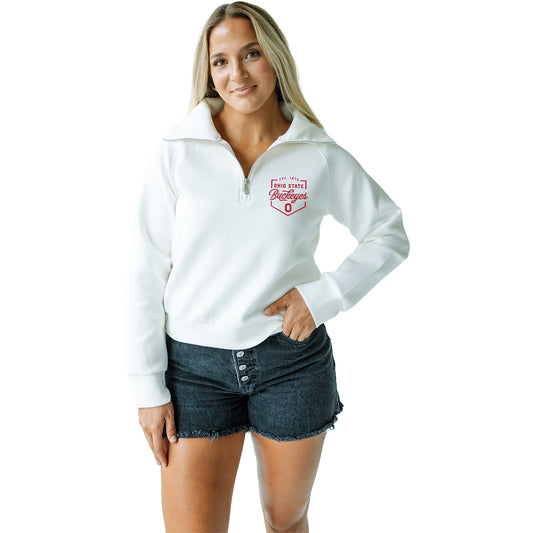Ladies Ohio State Buckeyes Gameday Social Lux Full Back 1/4 Zip Jacket In White - Front View