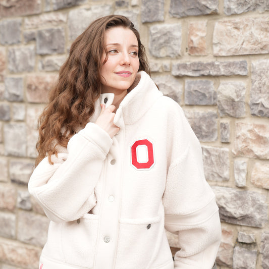 Ladies Ohio State Buckeyes Boxy Sherpa In White - Front View