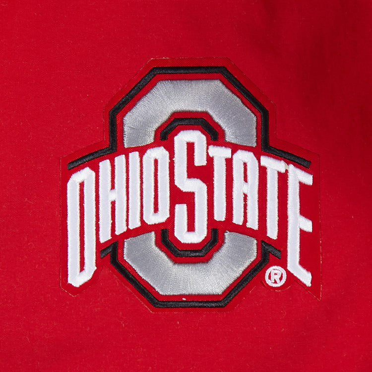 Ladies Ohio State Buckeyes Prostandard Woven Wind 1/4 Zip Jacket In Scarlet - Logo View