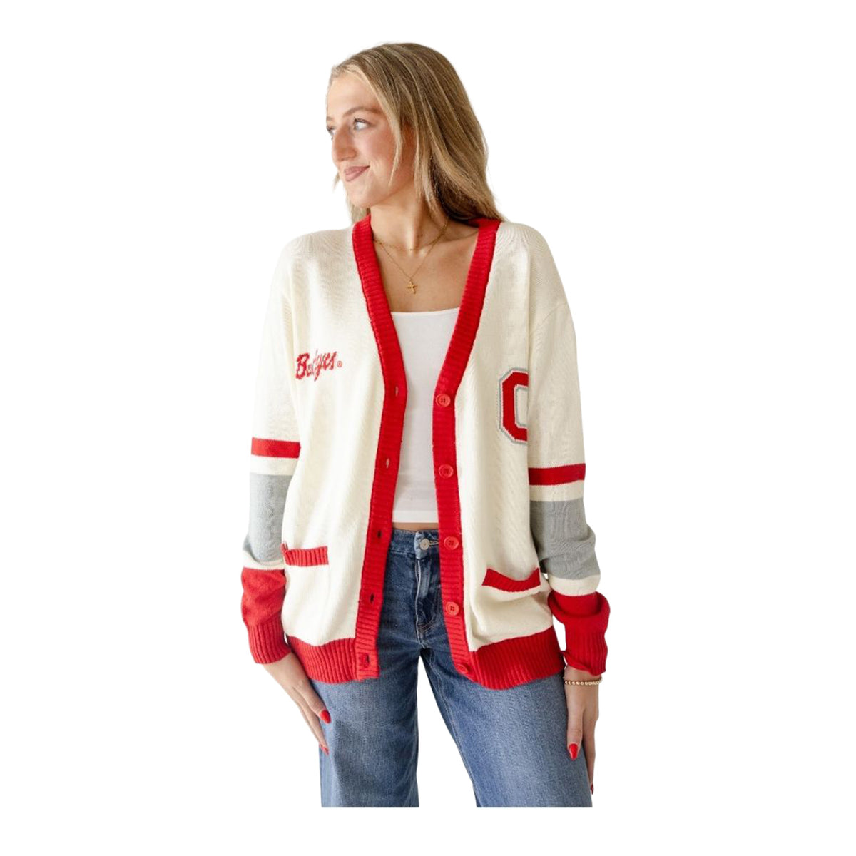 Ladies Ohio State Buckeyes Striped Cardigan - Front Modeled