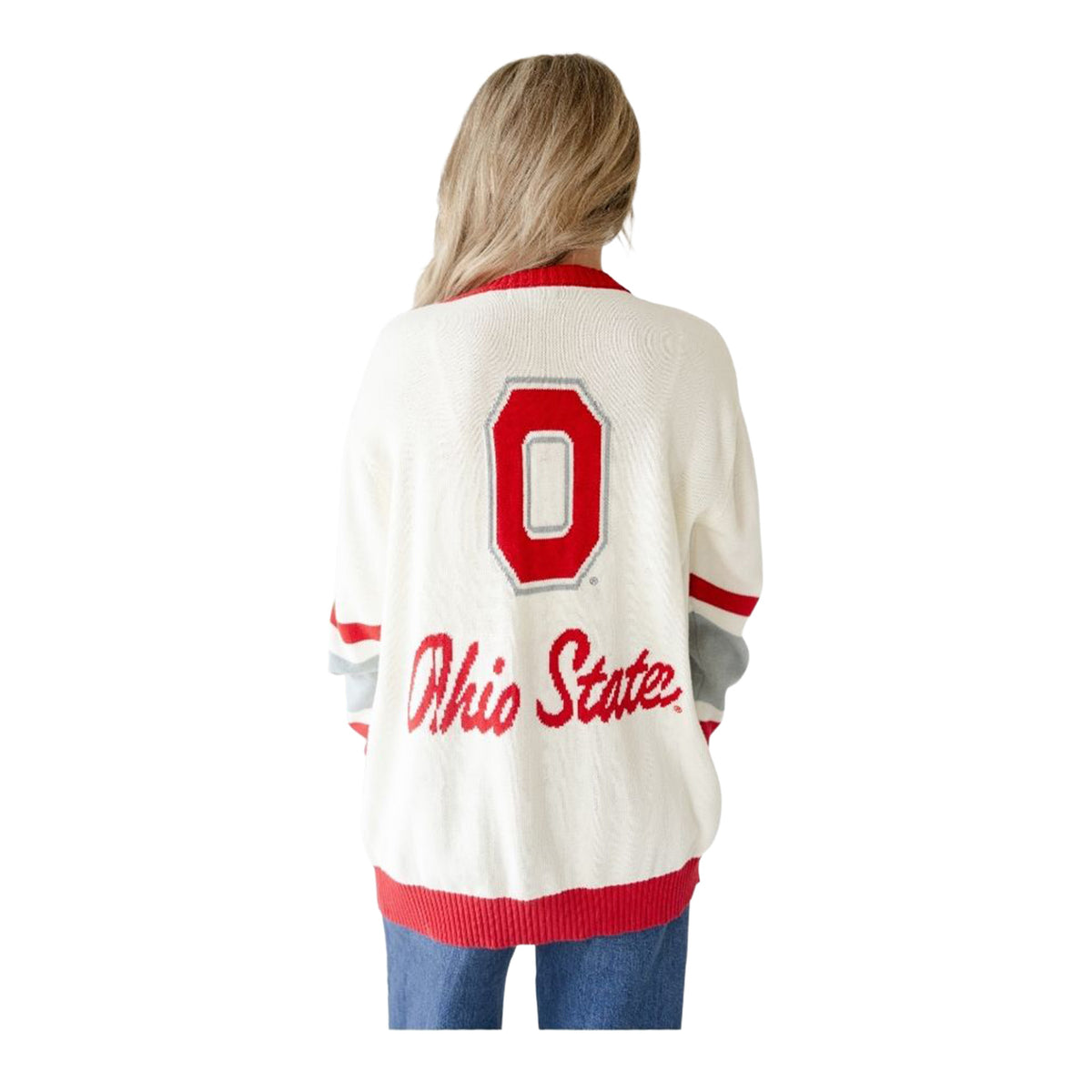 Ladies Ohio State Buckeyes Striped Cardigan - Back Modeled